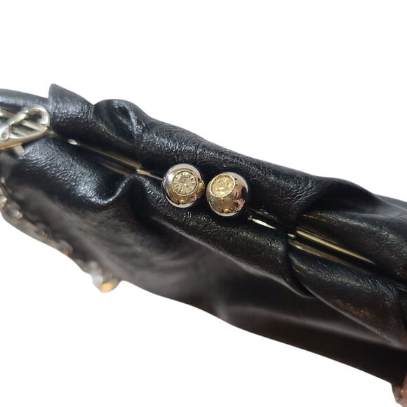 Vintage Nine West Black Leather Faux Diamond Kiss Lock Clutch Bag w/ Strap - Picture 7 of 12